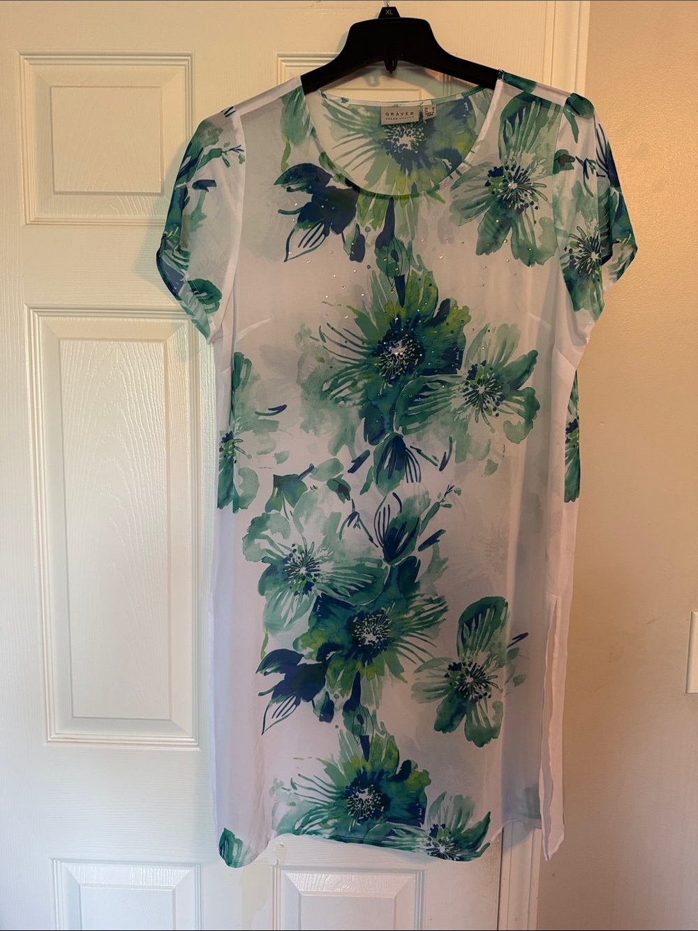 Susan Graver White Tunic with Blue-Green Floral Print